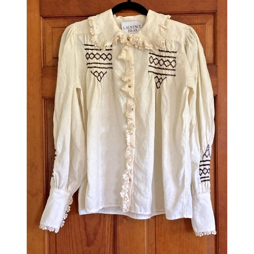 Laurence Bras Womens S Linen New Champa Top Off-White Ruffled Collar Embroidery